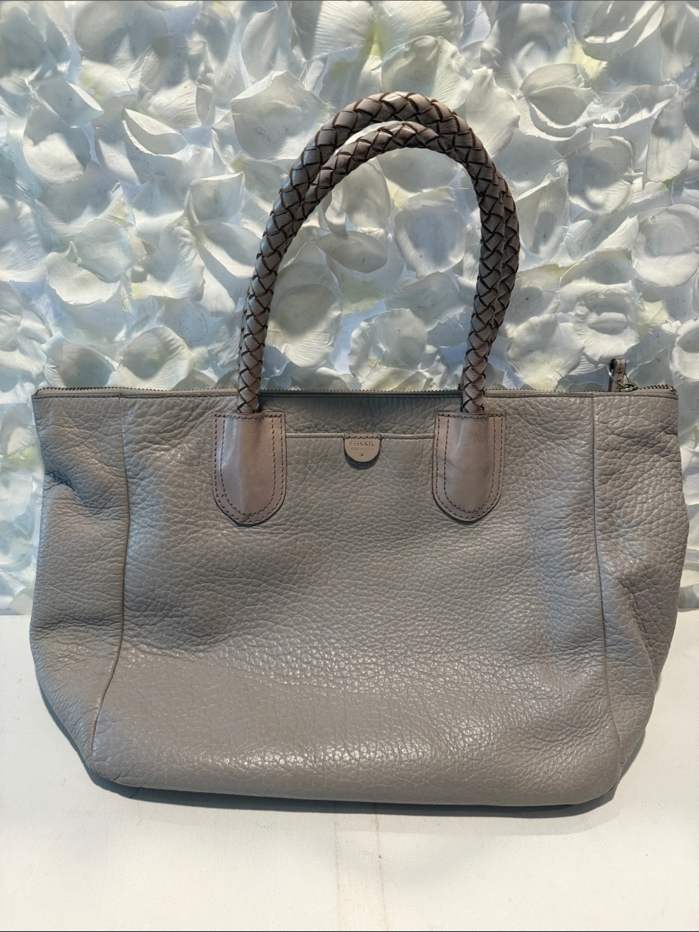 Fossil Taupe Gray Braided-Handle Leather Tote